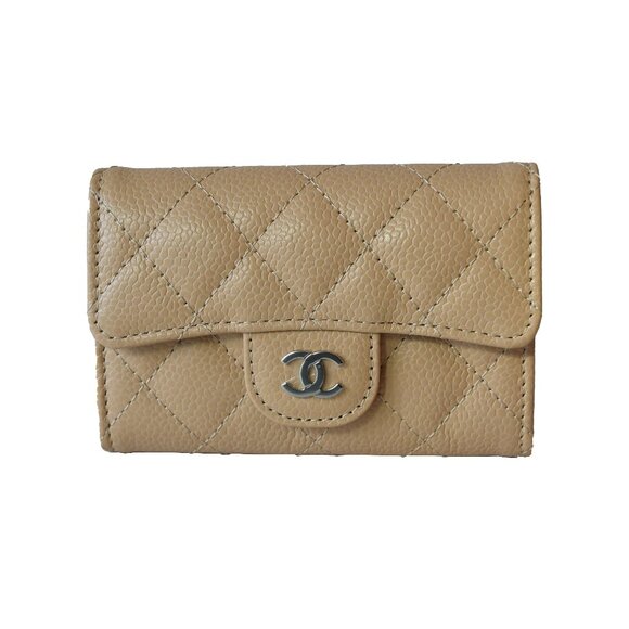 Chanel CC Quilted Caviar Flap Card Holder Wallet Beige Silver - Picture 1 of 4